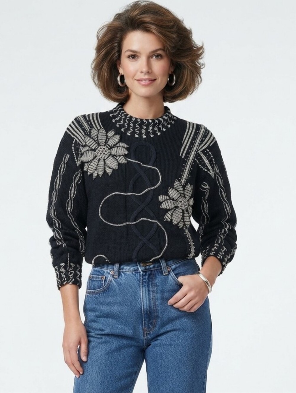 Vintage 80s Bonnie Boerer S Black Chunky 3D Knit Sweater Flower Beaded Glam